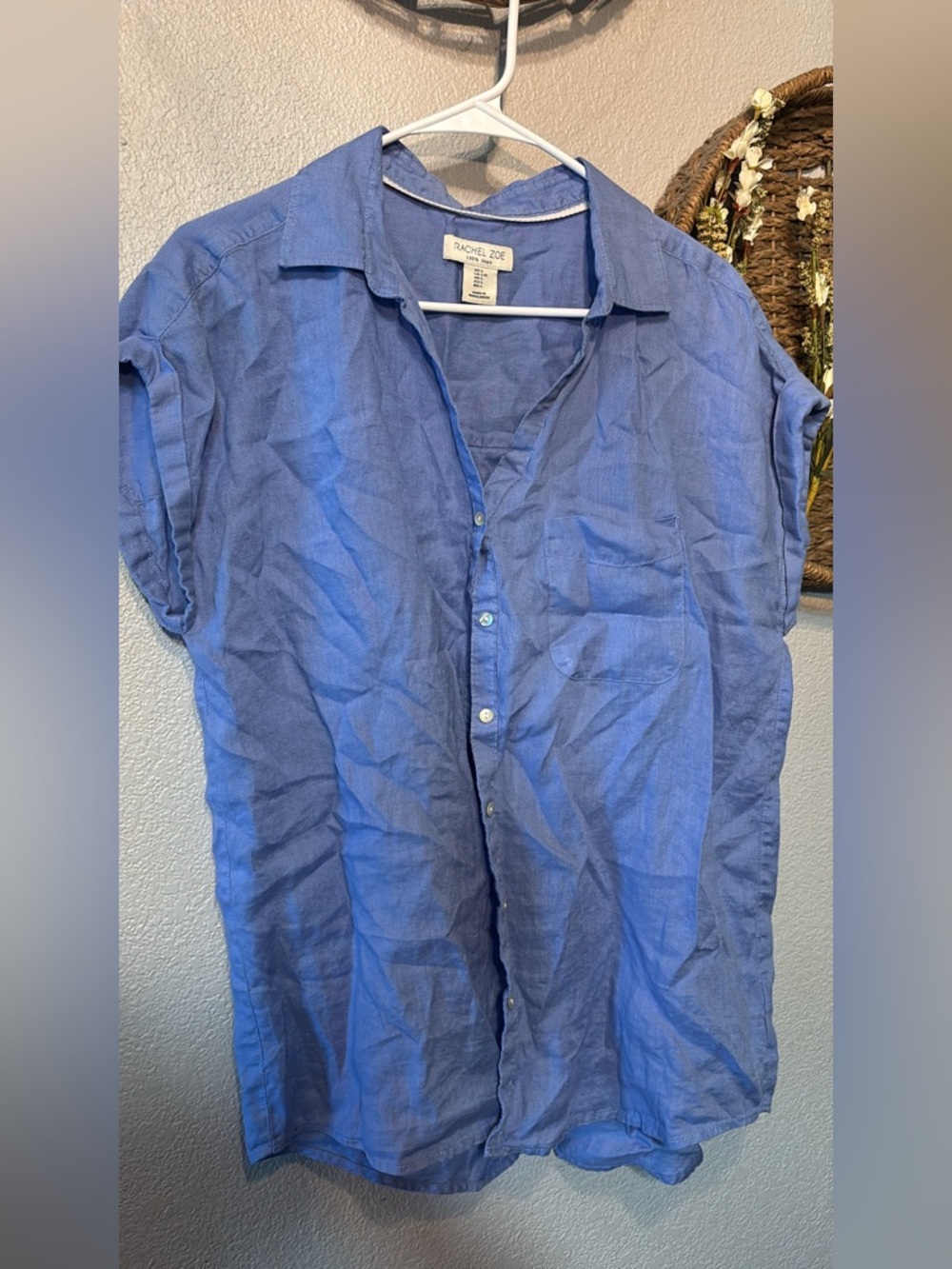 Rachel Zoe Blue Short-Sleeve Button-Down Linen Shirt